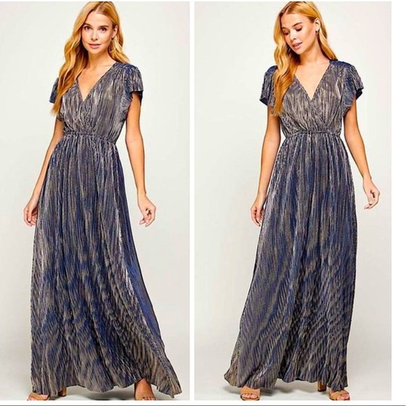 Navy and Gold Metallic V-Neck Formal Dress - Picture 3 of 3